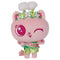 Gabby’s Dollhouse Cakey Cat fairy plush toy in soft pink fabric with round head, embroidered winking eye, floral crown with fluffy accents, and green skirt outfit designed as a cute character figure on a clean white background.