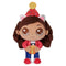 Gabby’s Dollhouse Gabby Girl plush toy in brown, red, and blue soft fabric with large embroidered eyes, cat ear headband, and party hat holding a gift designed as a cuddly character figure on a clean white background.