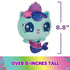 teal plush mermaid cat toy Gabby's Dollhouse, soft fuzzy fabric with purple and blue scaled tail, rounded small character shape with embroidered eyes and crown, shown with size graphic on a white background