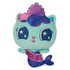Gabby's Dollhouse MerCat plush toy in teal soft fabric with rounded cat head, large embroidered blue eyes, and purple glittery mermaid tail designed as a cuddly character figure on a clean white background.