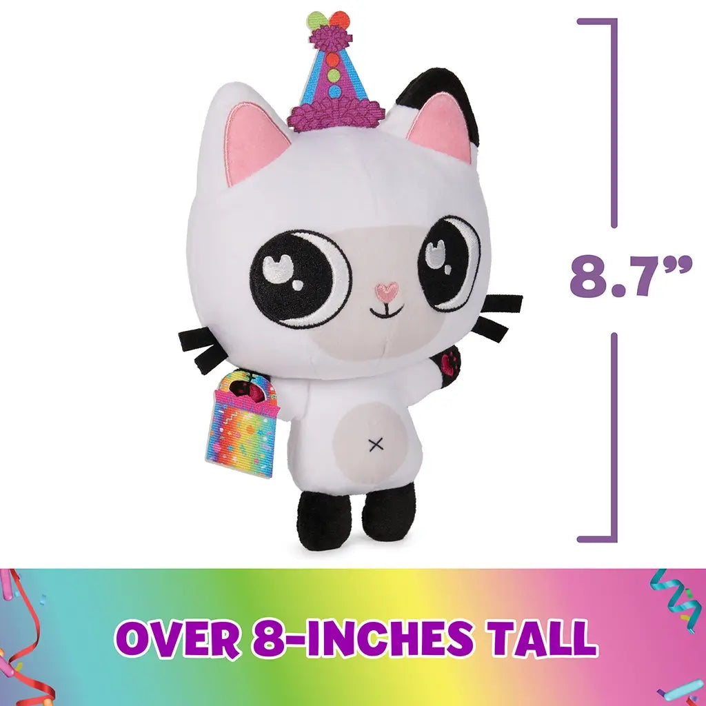 Gabby’s Dollhouse Pandy Paws plush toy white soft fabric cat with black accents, embroidered eyes and party hat, holding rainbow bag, 8 inch cuddly character displayed on clean white background.