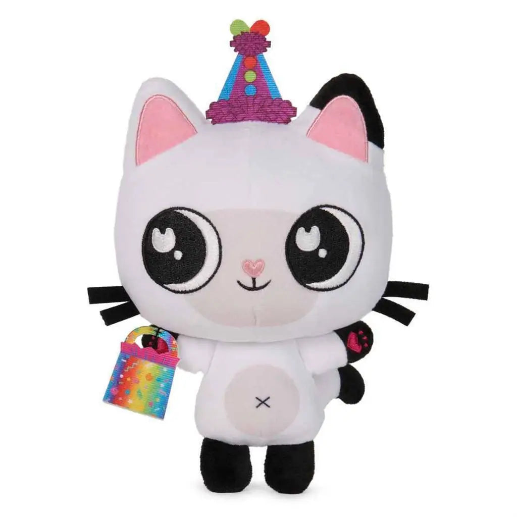 Gabby’s Dollhouse Pandy Paws plush toy in white and black soft fabric with round head, large embroidered eyes, colorful party hat, and rainbow gift bag designed as a playful character figure on a clean white background.