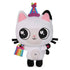 Gabby’s Dollhouse Pandy Paws plush toy in white and black soft fabric with round head, large embroidered eyes, colorful party hat, and rainbow gift bag designed as a playful character figure on a clean white background.