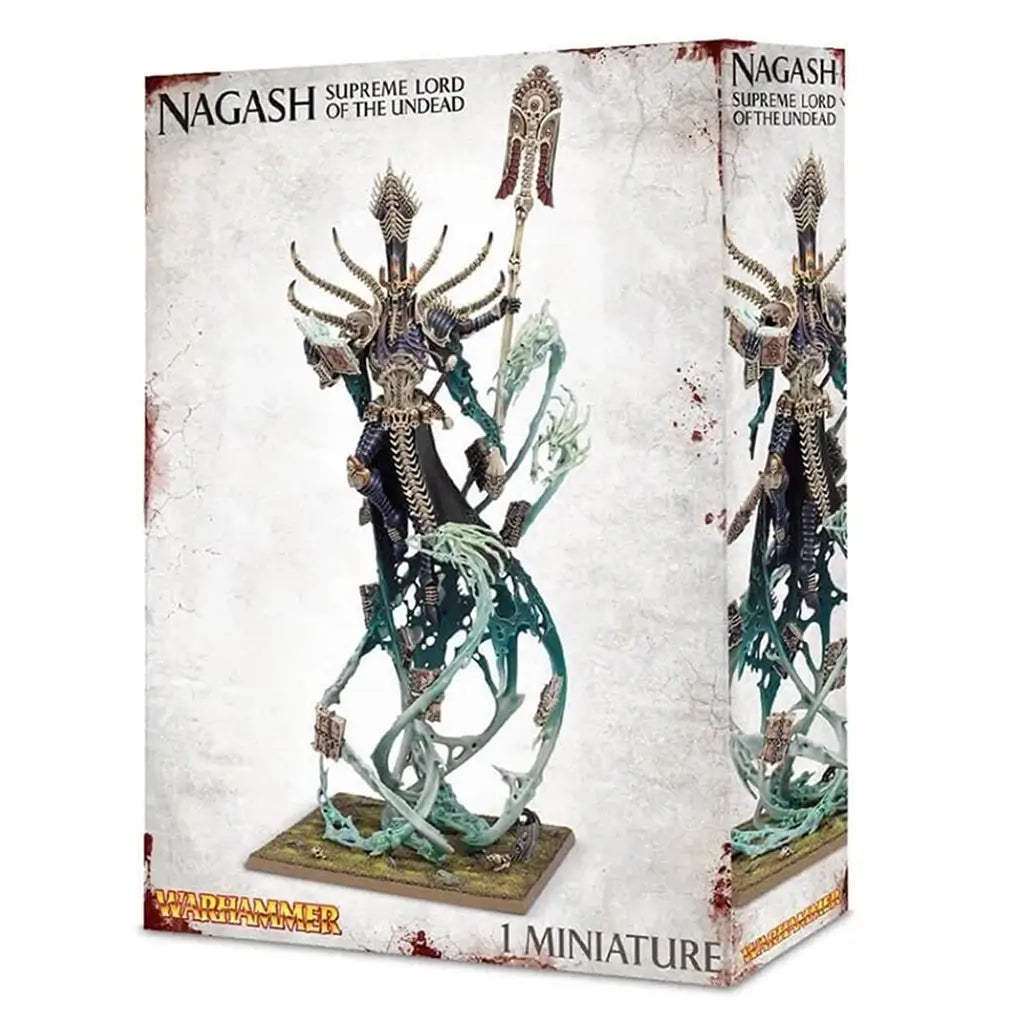 Nagash Warhammer miniature, pale bone-textured undead figure with ornate gold armor and elongated skeletal form, holding a tall staff as translucent green spirit shapes coil upward from the base in a dark fantasy setting.