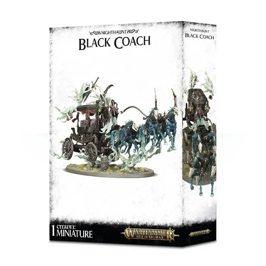 Warhammer Age of Sigmar Nighthaunt Black Coach miniature with pale teal spectral figures, ethereal flowing textures, ornate ghostly carriage form, drawn by spirit steeds, used as a haunted war engine.