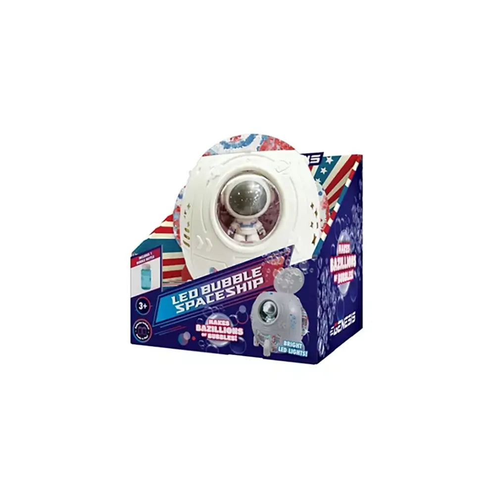 Front packaging of Genesis LED Bubble Spaceship toy showing the white spherical bubble maker with metallic dome and colorful details, labeled as producing bright LED lights and countless bubbles.