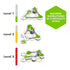 Illustrated guide for GraviTrax Go Rotative showing marble run layouts in three difficulty levels, with green, yellow, and red markers for progressive challenge levels.
