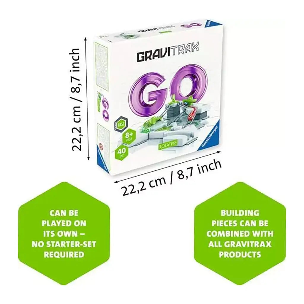 GraviTrax Go Rotative box measuring 22.2 cm square, showing purple GO logo, green track elements, and notes that it plays alone or combines with all GraviTrax sets.