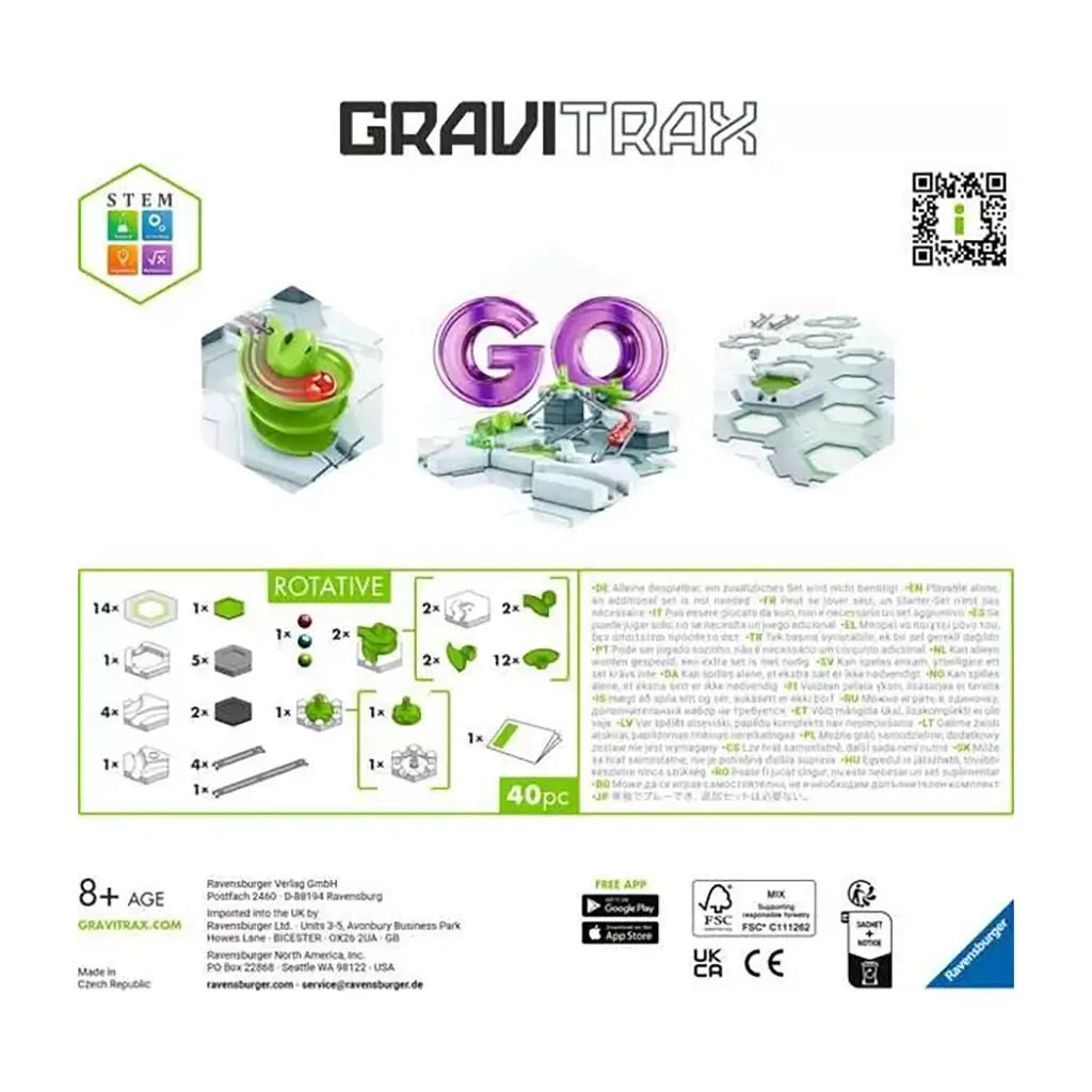 Back of GraviTrax Go Rotative box with illustrations of marble run features, parts list, QR code, and STEM learning icons highlighting creative and engineering play.