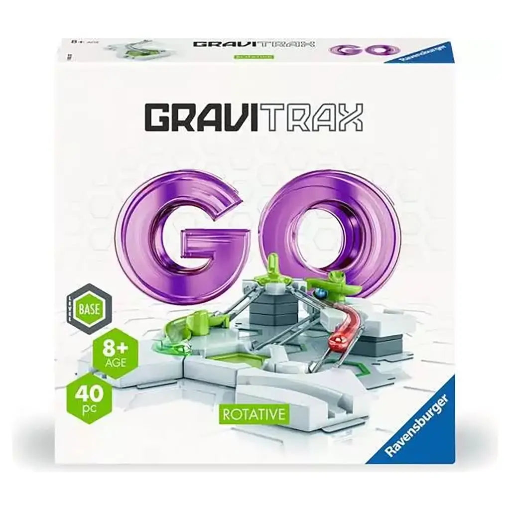 Front of GraviTrax Go Rotative package featuring bold purple GO letters, green track parts, 40 pieces label, and Ravensburger branding for ages eight and up.