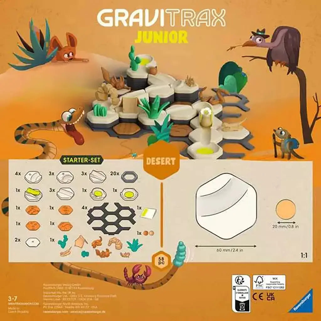 Back of GraviTrax Junior Desert Starter Set box showing 58-piece contents including hexagonal tiles, ramps, desert plants, and animal figures with illustrated desert background.