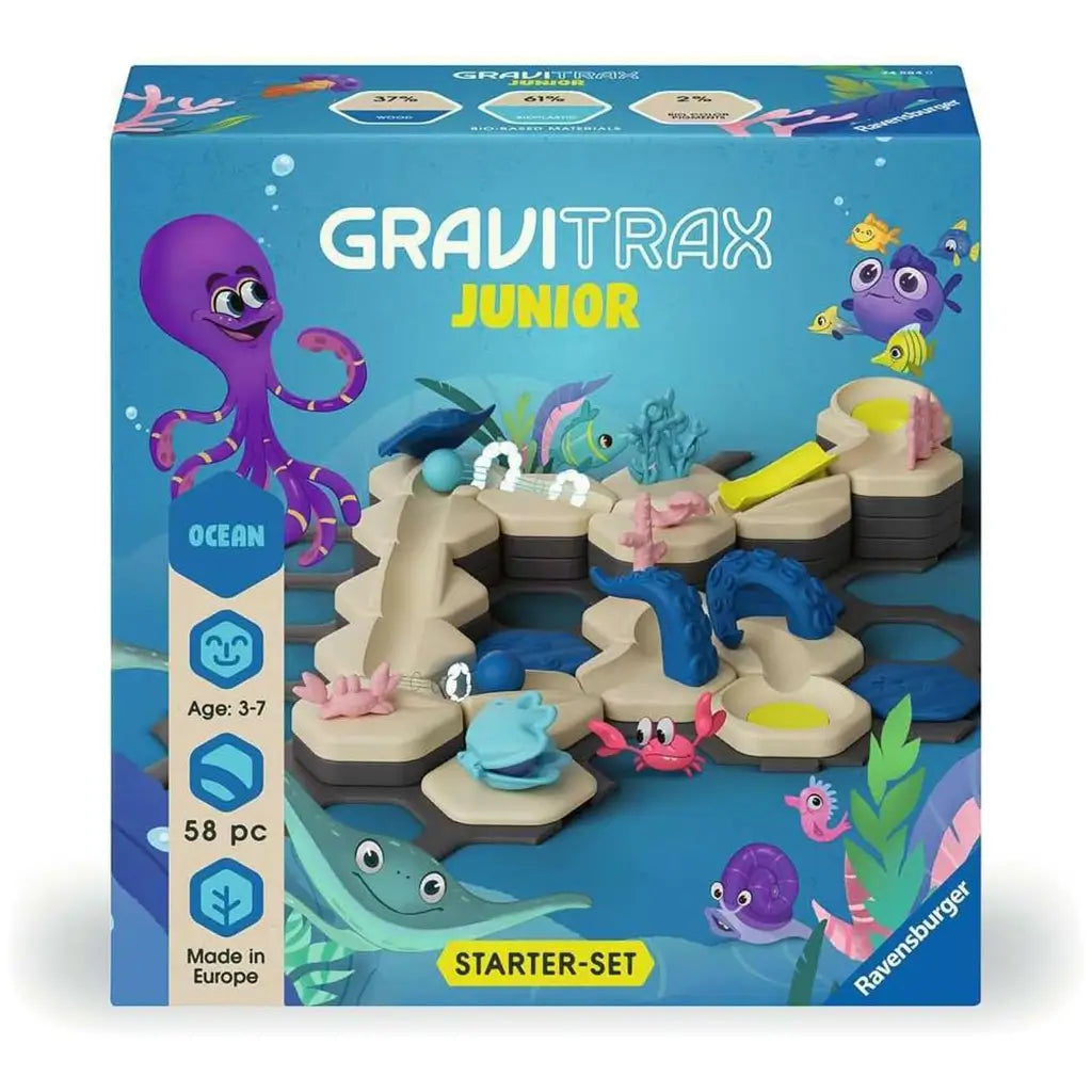 Front packaging of GraviTrax Junior Ocean Starter Set for ages three to seven, featuring octopus, fish, coral, and track layout with bright blue aquatic background.