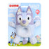 Bluey plush ring rattle displays pastel blue and lavender plush textures with embroidered eyes and smile, packaged on a branded card backing to show infant-safe design and rattle feature.