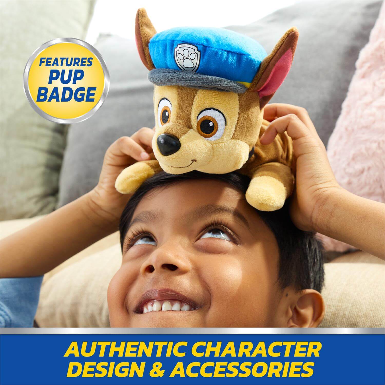 Gund Chase Lounging 8-Inch Plush sitting on childs head