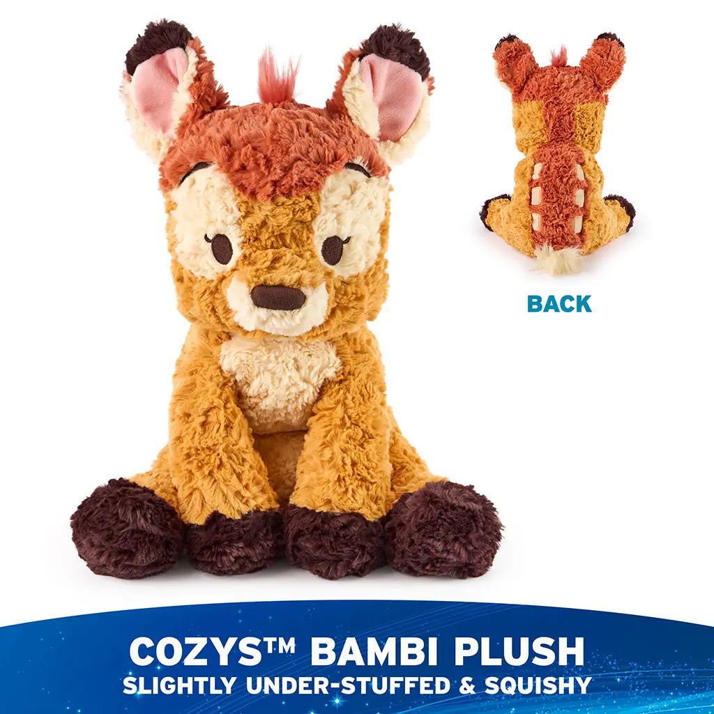 GUND Cozys Disney Bambi plush shown from front and back views, featuring golden brown textured fur, rounded seated posture, floppy limbs, and a soft tail to highlight overall design and construction details.