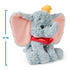 Disney Dumbo plush toy in soft blue with high-pile textured fabric, rounded seated shape, oversized pink ears, yellow hat, and red clown collar, designed as a 10-inch cuddly plush for play, décor, and gifting on a clean white background.