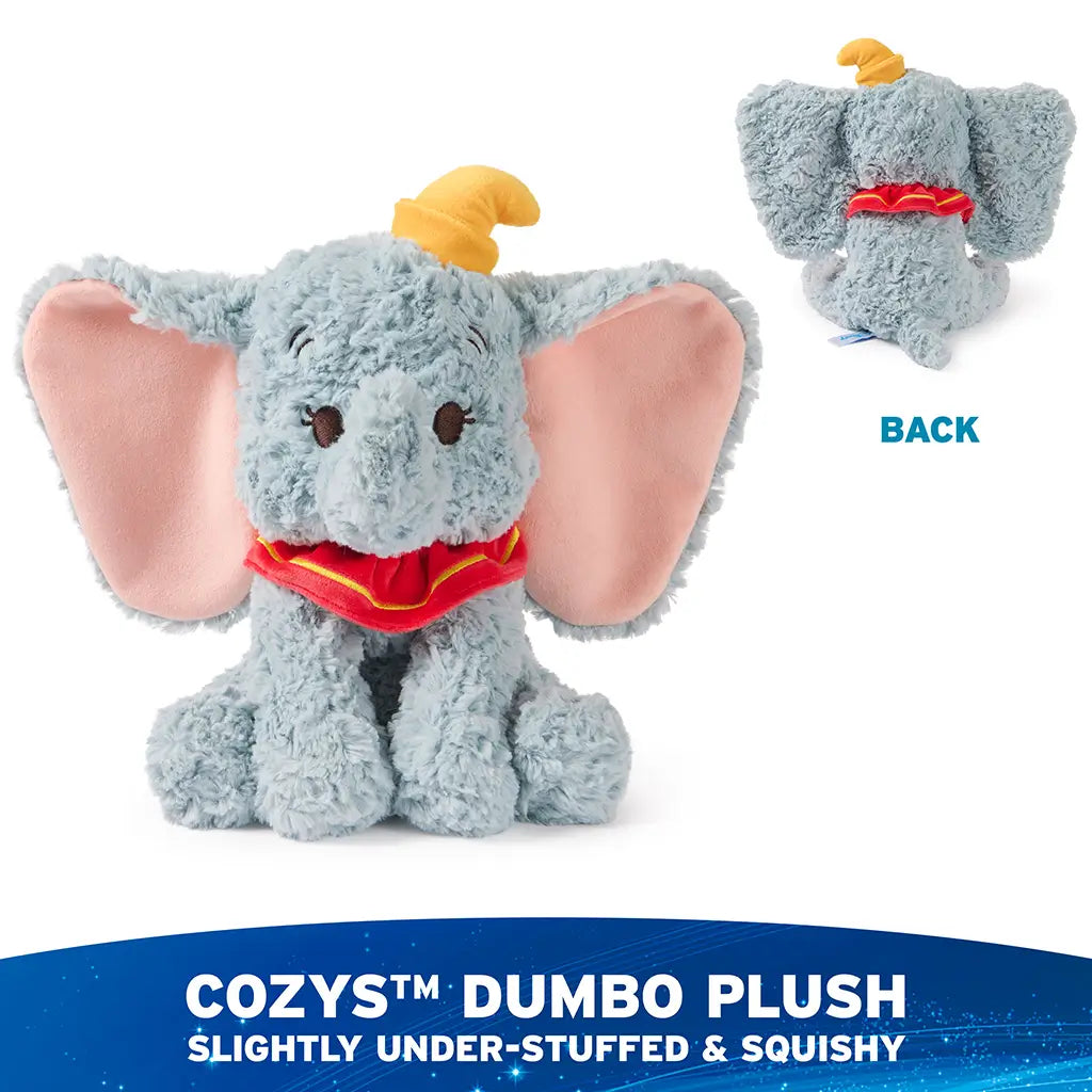 Disney Dumbo plush toy in light blue with high-pile fabric, oversized pink ears, yellow hat, and red collar, shown in front and back views to highlight stitching, shape, and soft plush construction for all-angle visibility.