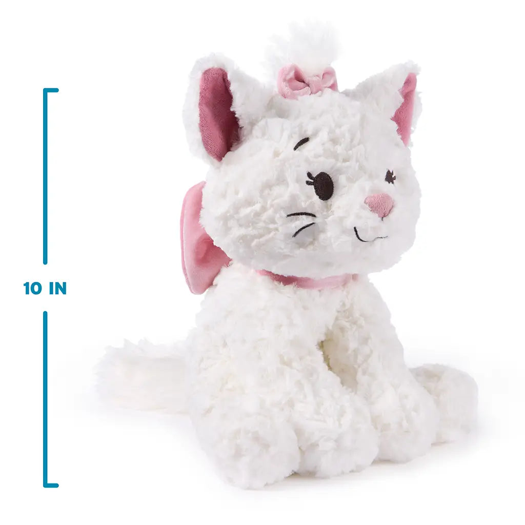 Disney plush toy shown in white with fluffy high-pile texture, soft pink velour ears and bow, rounded kitten shape, designed as a 10-inch cuddly stuffed animal for toddlers and kids, photographed on a clean white studio background.