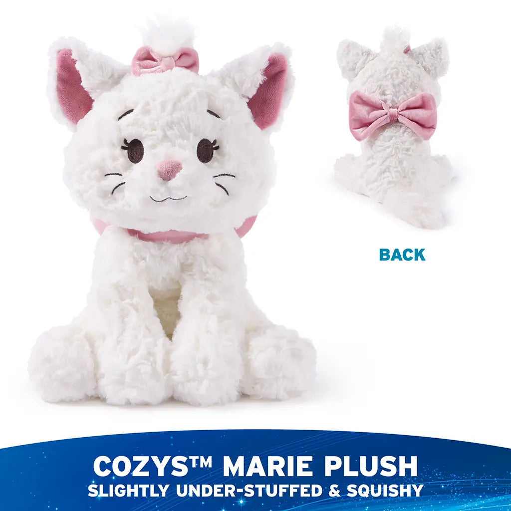 GUND Disney plush toy shown from front and back views, white fluffy high-pile texture with pink velour bow and ears, rounded kitten form, designed as a soft cuddly stuffed animal, displayed on a clean white background.