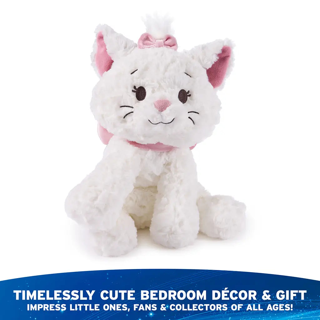 Disney plush toy in white with fluffy high-pile fabric, soft pink accents and rounded kitten shape, designed as a decorative and giftable stuffed animal, photographed centered against a clean white background with promotional banner.