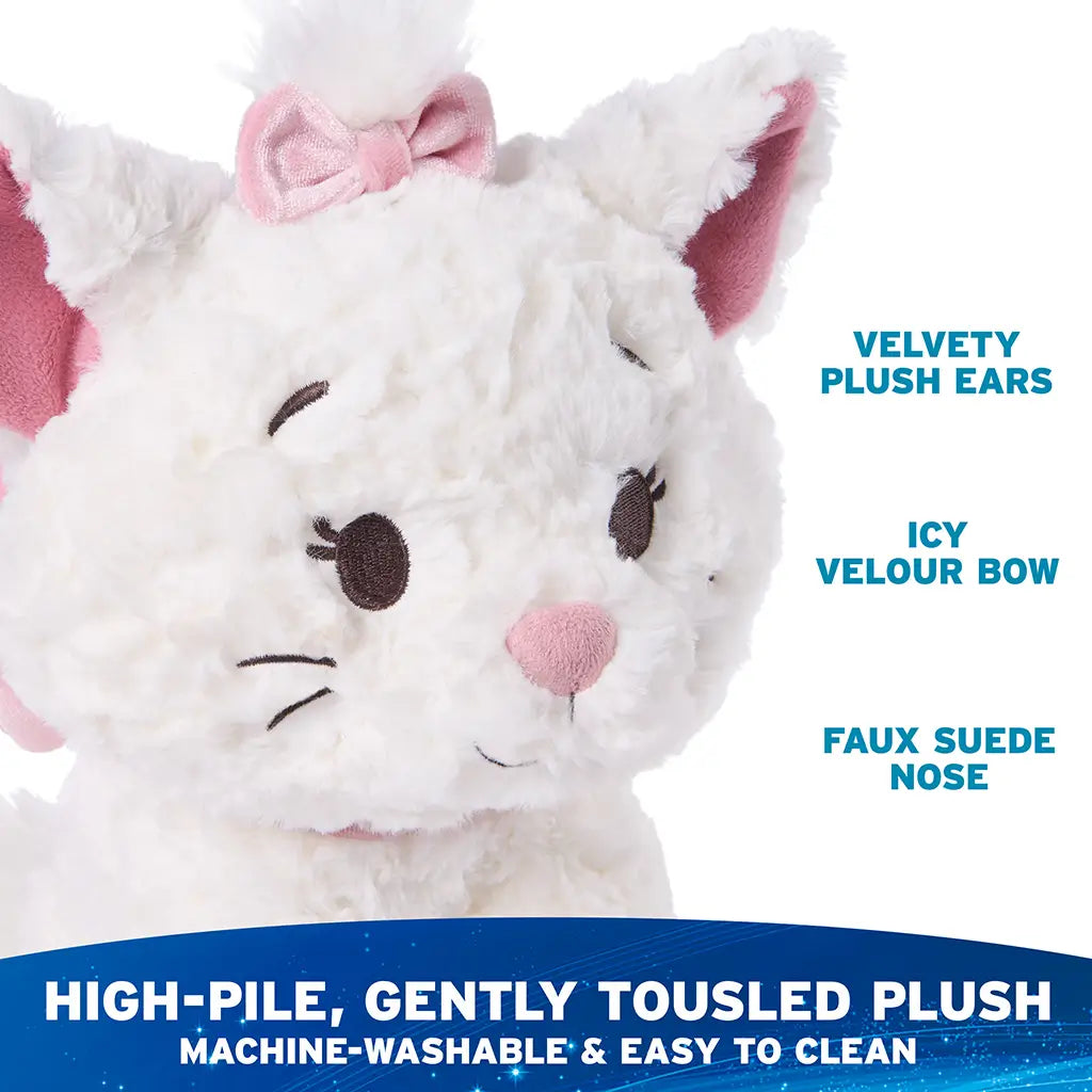 Disney plush toy close-up in white with thick high-pile plush texture, pink velour ears, velour bow, and faux suede nose, designed to be machine washable and easy to clean, photographed on a bright white background.