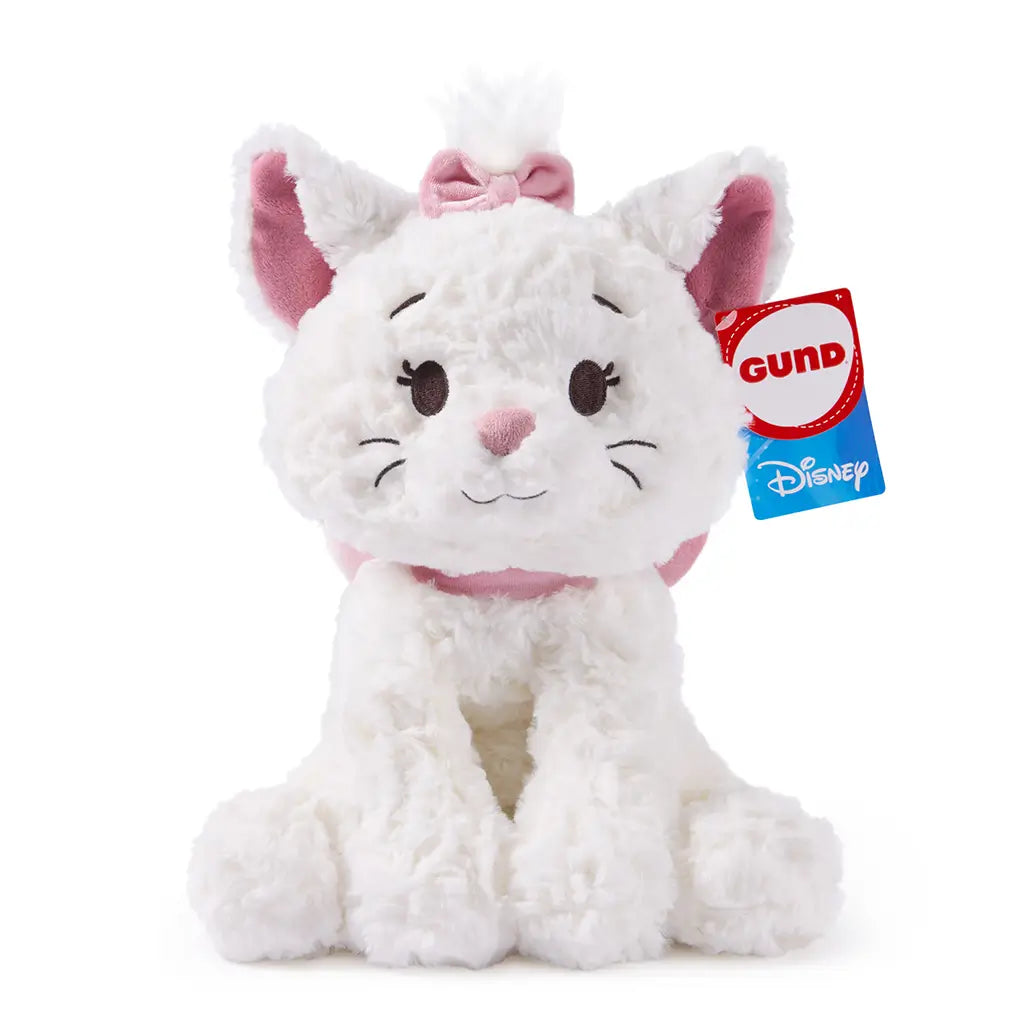 GUND Disney plush toy in white with high-pile fluffy fabric, pink velour ears, bow, and rounded kitten shape, designed as a 10-inch soft stuffed animal for kids and collectors, photographed on a white studio background.