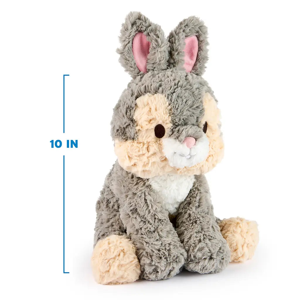 GUND Cozys Disney Thumper plush in gray and cream plush with velvety ears, shown with a measurement graphic indicating 10 inch seated height to highlight compact size ideal for hugging, gifting, and display.