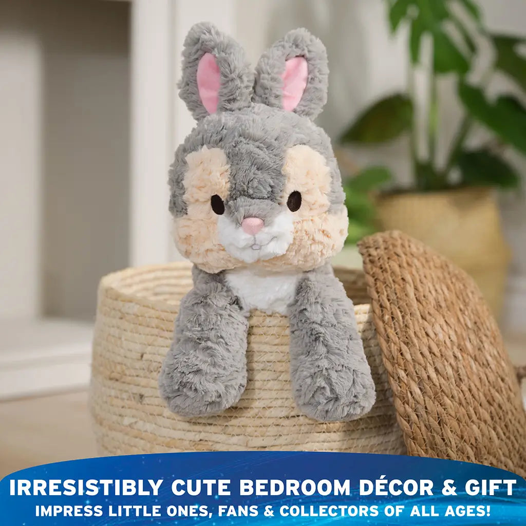 GUND Cozys Disney Thumper plush toy in gray textured fabric with long floppy legs, displayed in a neutral home setting to emphasize irresistibly cute bedroom décor, gift appeal, and soft, comforting presence.