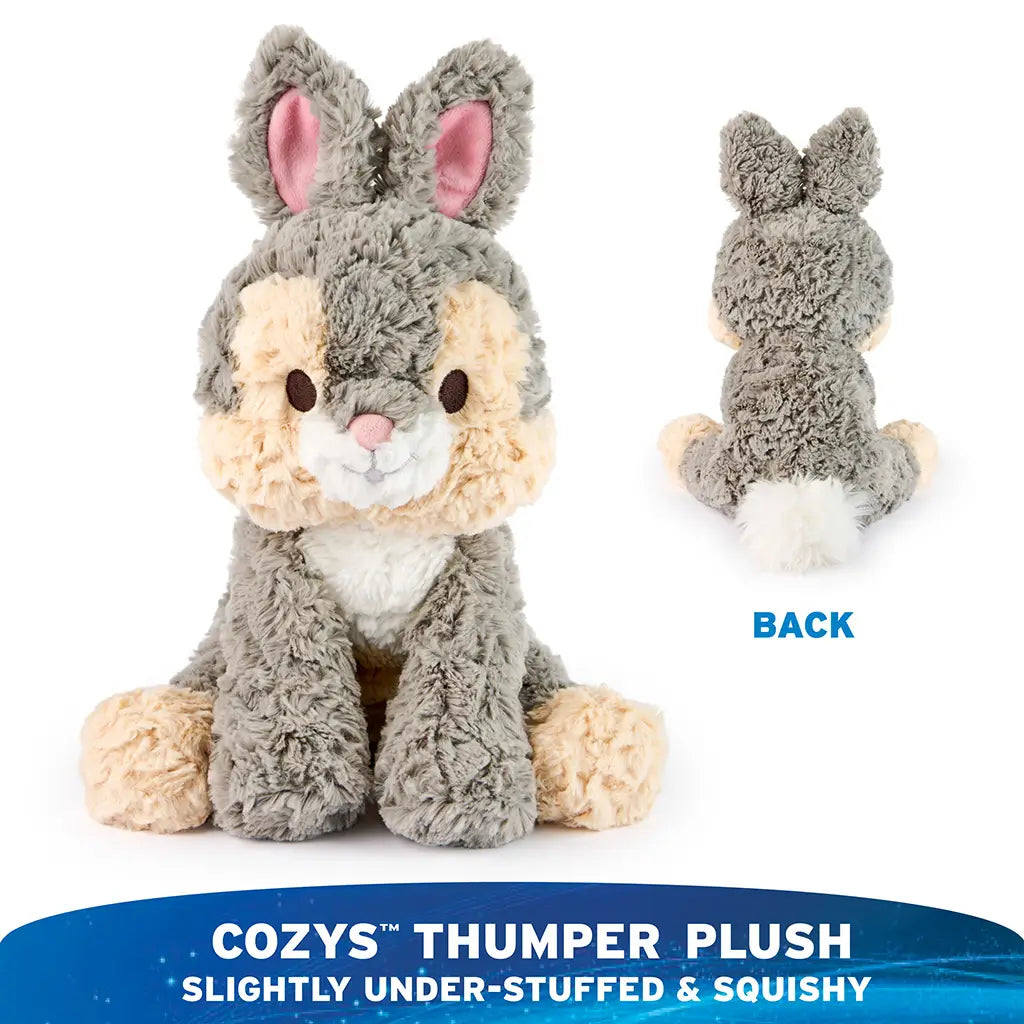 GUND Cozys Disney Thumper plush shown from front and back views, featuring gray high-pile plush, rounded seated form, floppy limbs, and a fluffy white tail to clearly show full design and construction details.