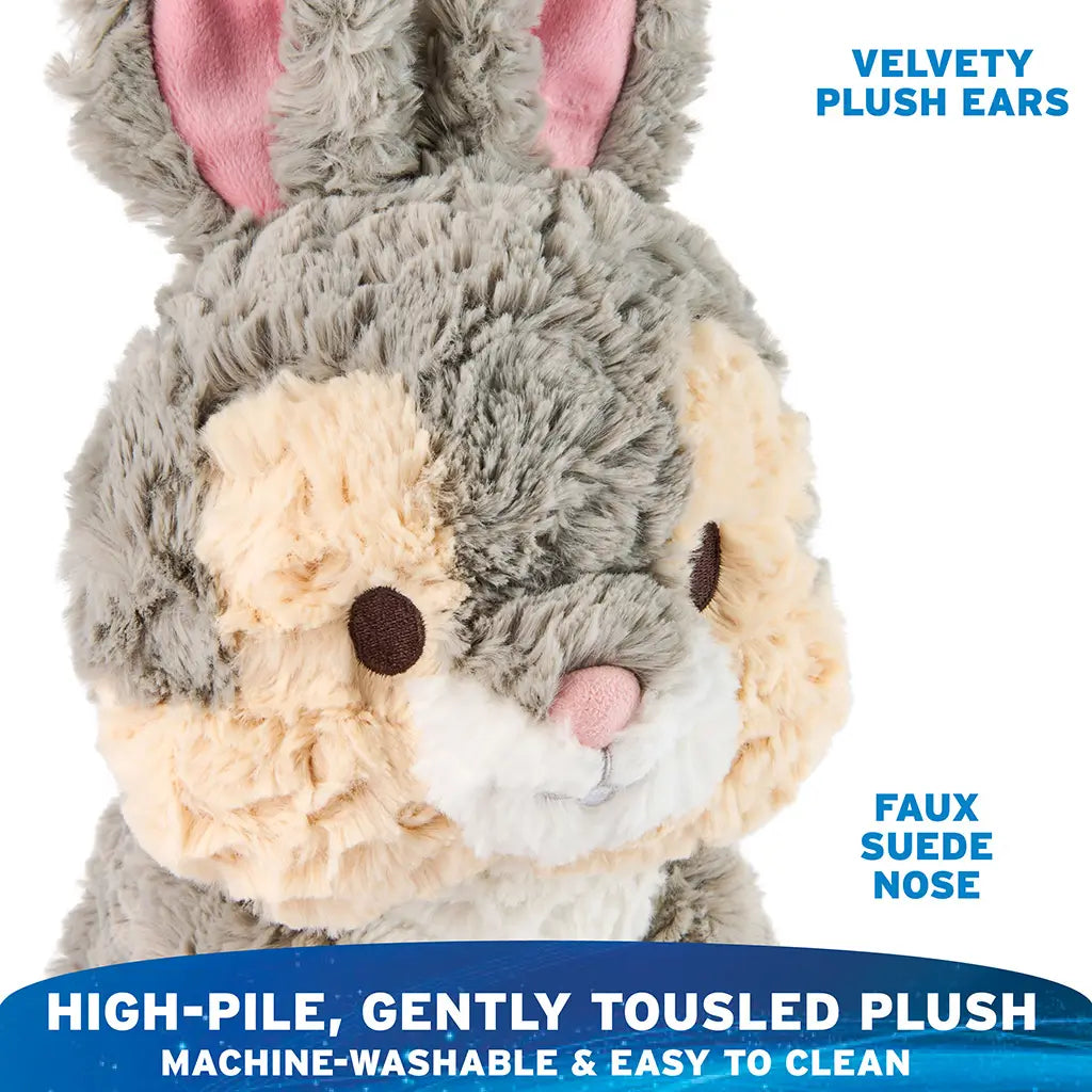 GUND Cozys Disney Thumper plush close-up highlighting gray high-pile, gently tousled fabric, velvety pink-lined ears, and a faux suede nose, emphasizing machine-washable materials and easy-to-clean construction.