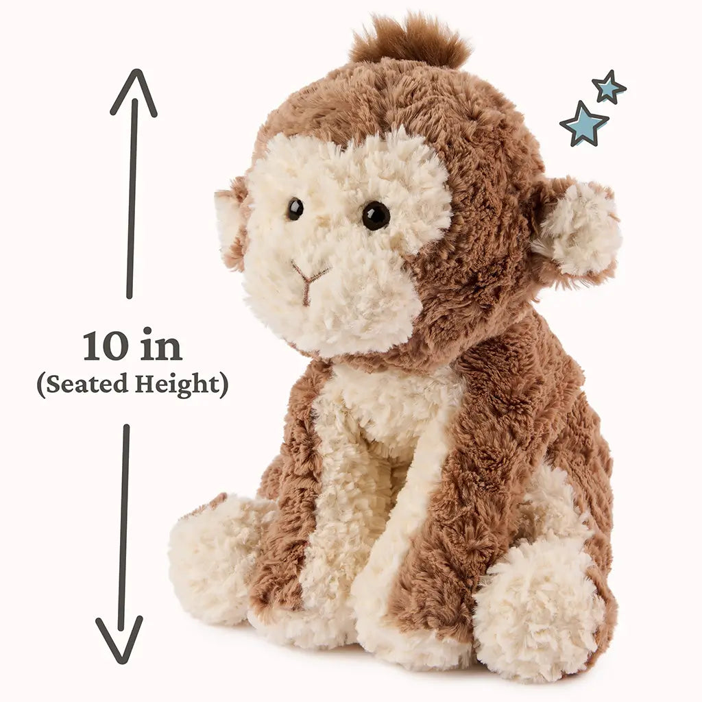 GUND Cozys monkey plush toy in brown and cream textured polyester with a soft under-stuffed seated form, shown with a measurement graphic indicating 10 inch seated height to highlight compact size for easy hugging and shelf display.