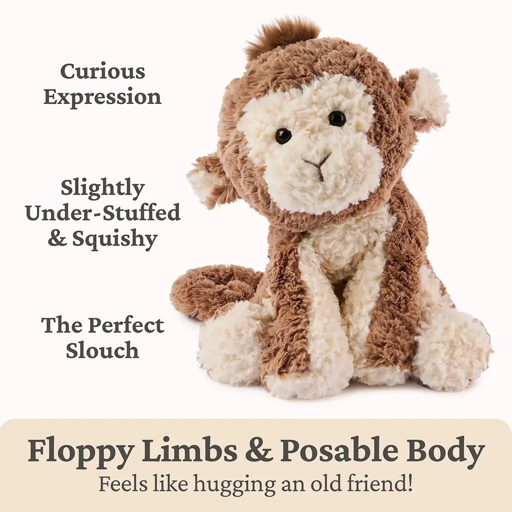 GUND Cozys monkey stuffed animal in brown and cream wavy plush with a slightly under-stuffed, posable body and floppy limbs, designed for imaginative play, easy posing, and cozy cuddling moments.