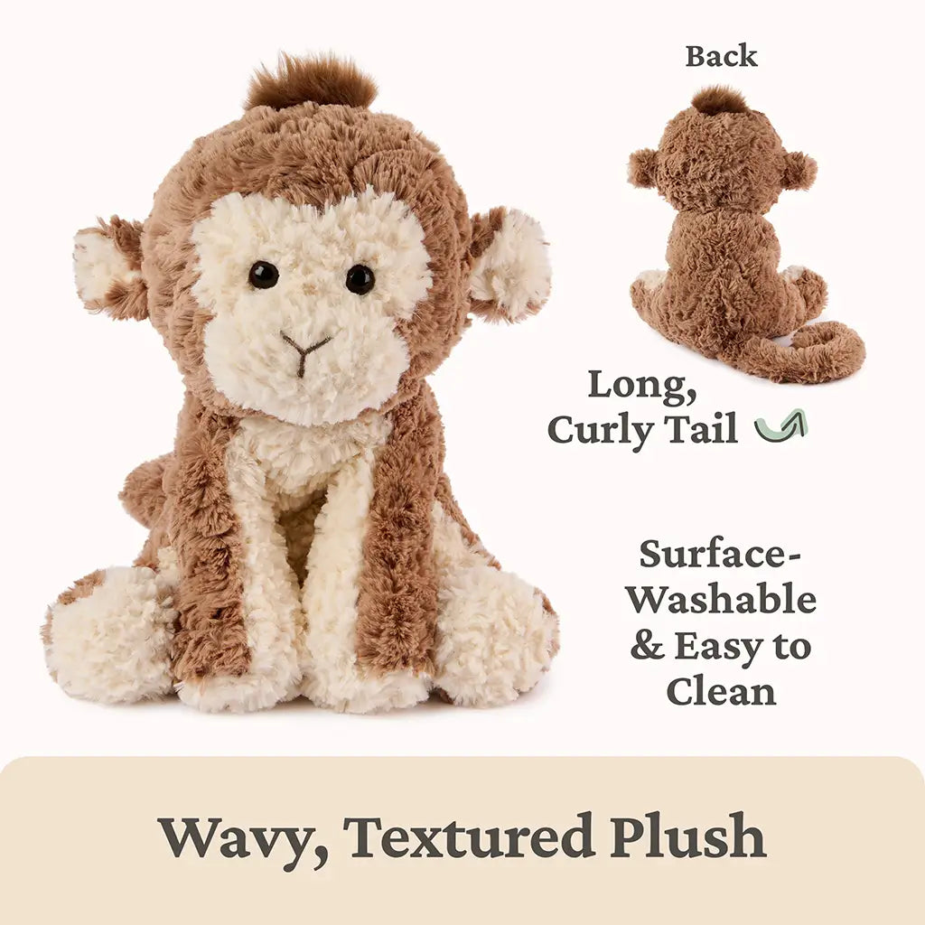GUND Cozys monkey stuffed animal in wavy brown and cream plush fabric with a soft textured surface, floppy limbs, and curly tail, emphasizing surface-washable construction and easy-care cuddly design.