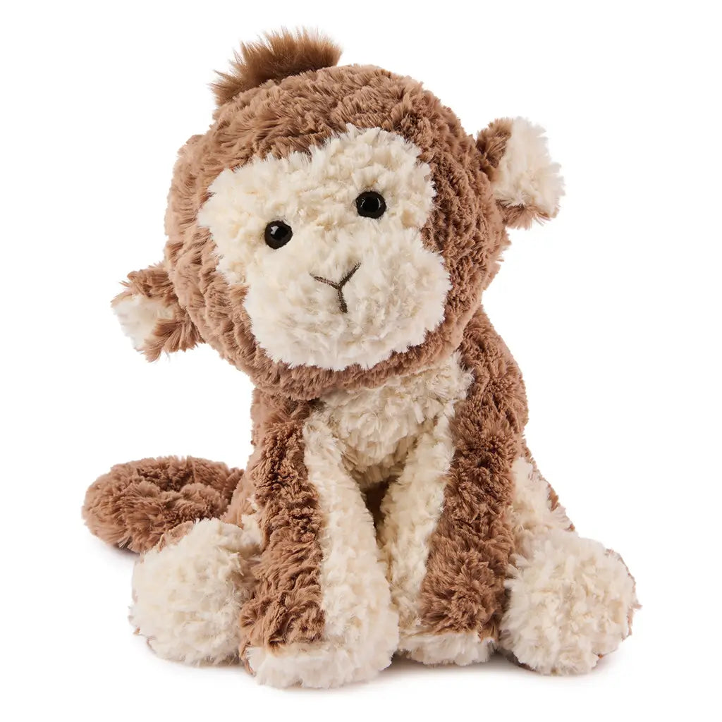 GUND Cozys monkey stuffed animal in warm brown and cream plush fabric with wavy textured fur, rounded seated shape, and floppy limbs, designed as a 10 inch plush toy for cuddling, comfort, and nursery display on a white background.