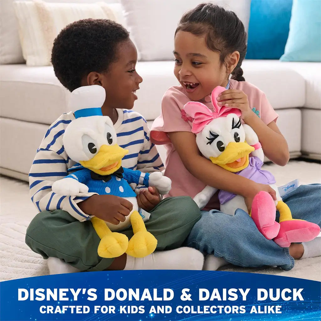 GUND Disney Daisy Duck plush shown as a collectible character, featuring white plush body, pastel pink accents, lavender shirt, yellow beak, and classic Disney design suitable for display with other character plush toys.