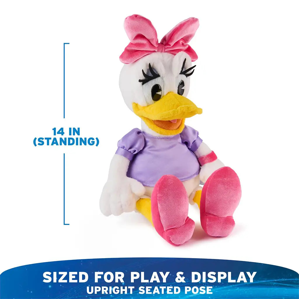 Disney Daisy Duck 14-inch plush shown upright with measurement graphic, featuring soft white plush texture, pink bow and shoes, lavender shirt, yellow beak, and seated pose sized for play and display.