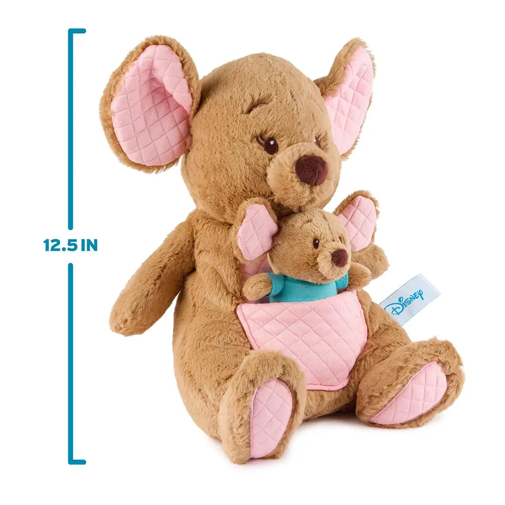 Disney Kanga and Roo plush in soft tan fabric with quilted pink pouch and ears, shown with size marker to indicate 12.5-inch height, designed for easy hugging and gentle display on shelves.