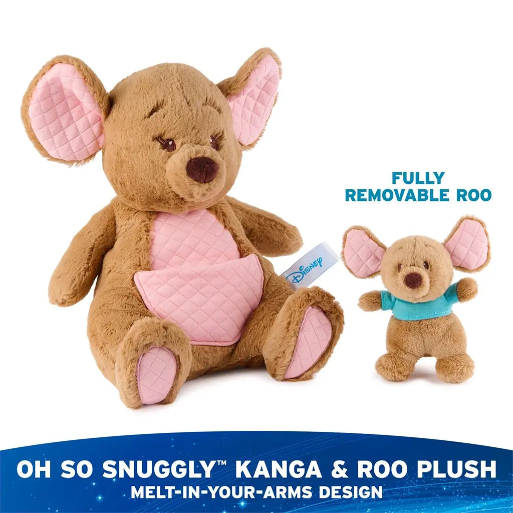 Disney Kanga plush in tan and pink quilted fabric with a removable Roo doll in teal shirt, featuring soft rounded limbs and cuddly texture, designed for interactive play and comforting snuggles.