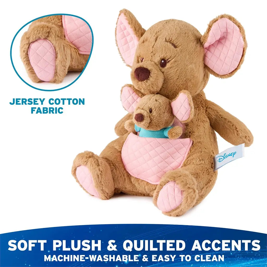 Disney Kanga and Roo plush crafted from jersey cotton and quilted accents in tan and pink tones, slightly under-stuffed for softness, designed to be machine washable for easy everyday cleaning.