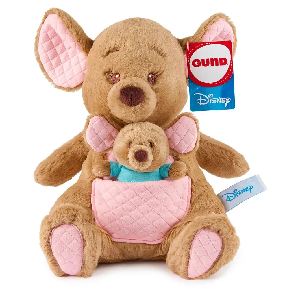 GUND Disney Kanga and Roo plush toy made of soft tan jersey cotton with quilted pink pouch, floppy ears, and embroidered features, created for hugging, gifting, and cozy bedroom décor.