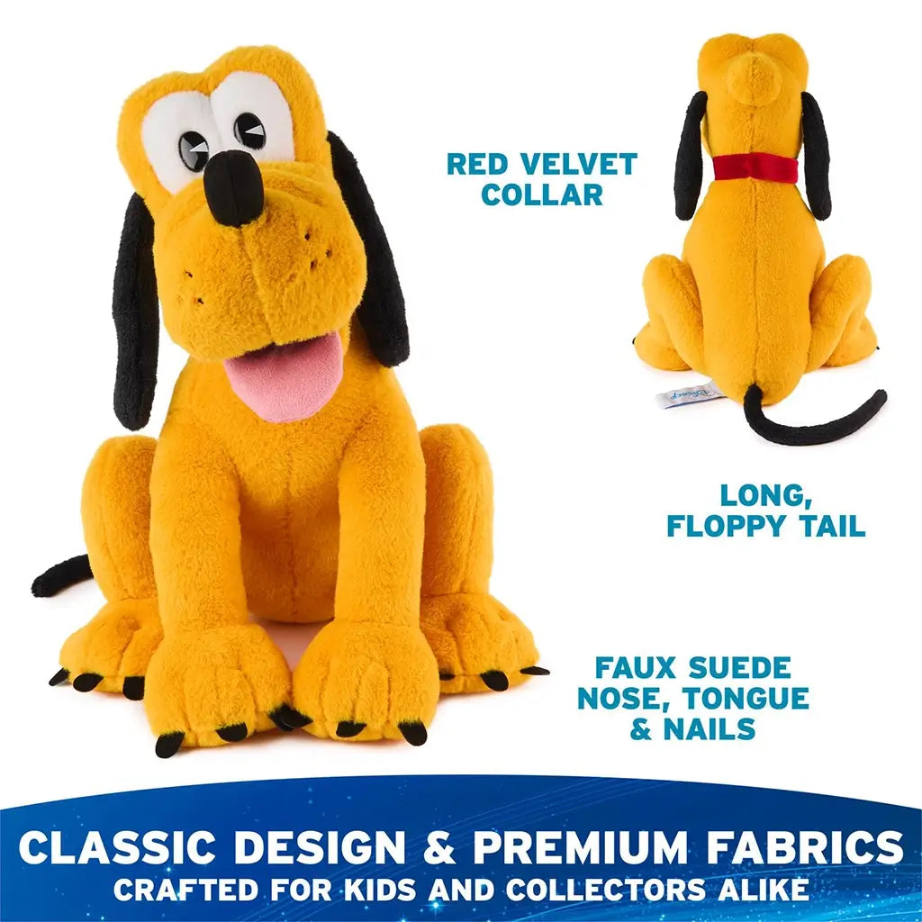 Disney Pluto plush toy in warm yellow premium fabric with smooth fuzzy texture, classic seated dog shape, floppy black ears, faux suede nose and tongue, red velvet collar, shown front and back on white.