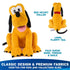 Disney Pluto plush toy in warm yellow premium fabric with smooth fuzzy texture, classic seated dog shape, floppy black ears, faux suede nose and tongue, red velvet collar, shown front and back on white.