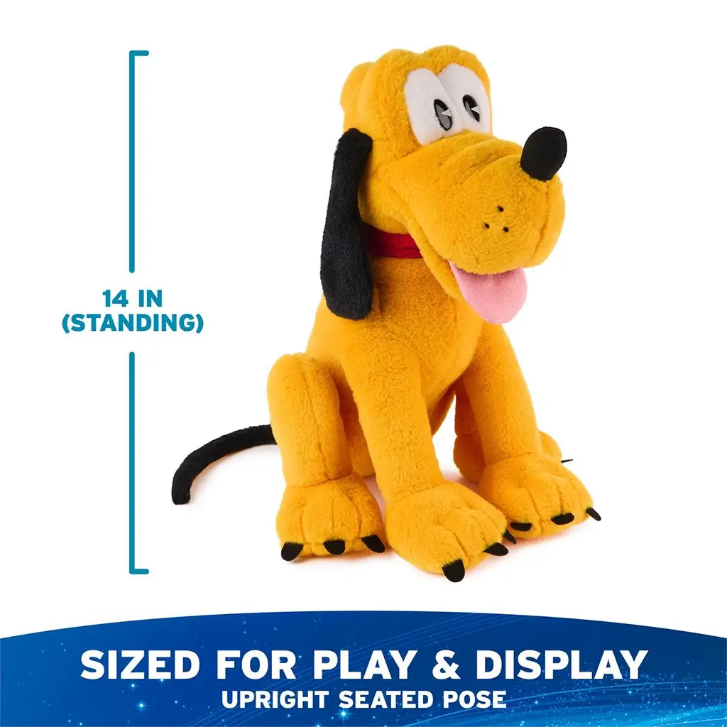 Disney Pluto plush in golden yellow with velvety soft fabric, upright seated dog form, floppy black ears, red collar, and extended legs, shown with a 14 inch standing height graphic on a white background.
