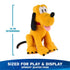 Disney Pluto plush in golden yellow with velvety soft fabric, upright seated dog form, floppy black ears, red collar, and extended legs, shown with a 14 inch standing height graphic on a white background.