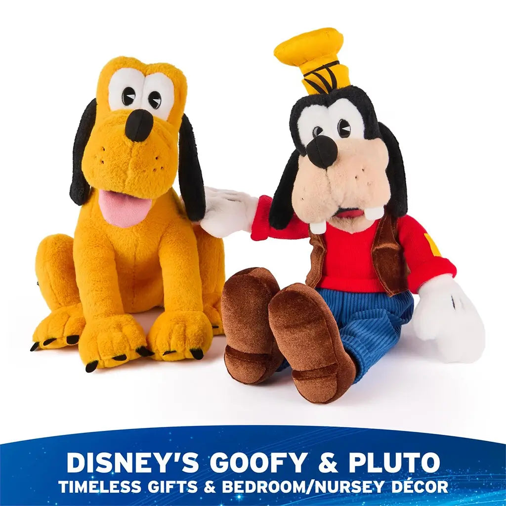 Disney Pluto plush toy in bright yellow soft fabric with seated dog shape, floppy ears, pink tongue, and red collar, displayed beside Disney Goofy plush as timeless gift and bedroom décor on white.