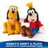 Disney Pluto plush toy in bright yellow soft fabric with seated dog shape, floppy ears, pink tongue, and red collar, displayed beside Disney Goofy plush as timeless gift and bedroom décor on white.