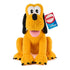Disney Pluto plush toy in golden yellow fabric with soft fuzzy texture, rounded seated dog shape, floppy black ears, pink tongue, and red collar, designed for cuddling or display on a clean white studio background.
