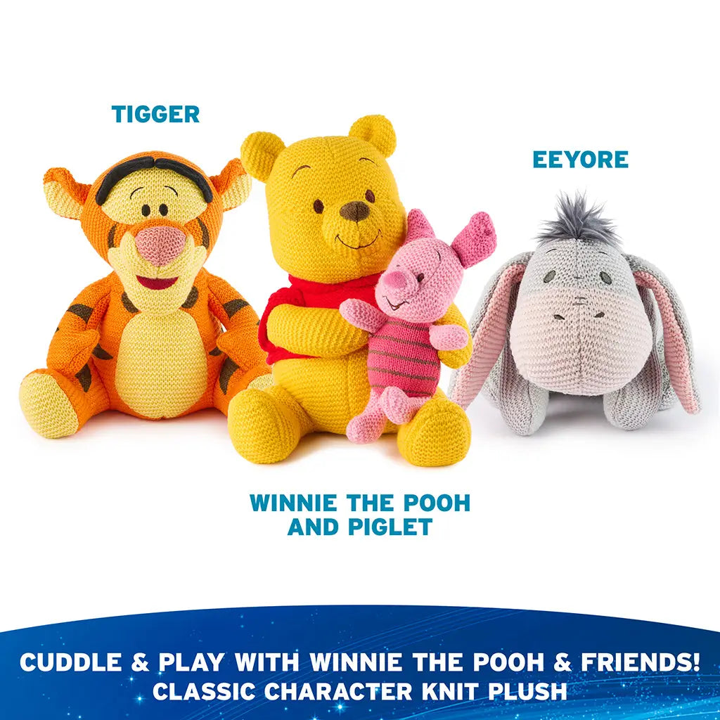 Disney Tigger knit plush is displayed with Winnie the Pooh, Piglet, and Eeyore characters, showcasing a coordinated Disney knit plush collection for imaginative play and gift giving.