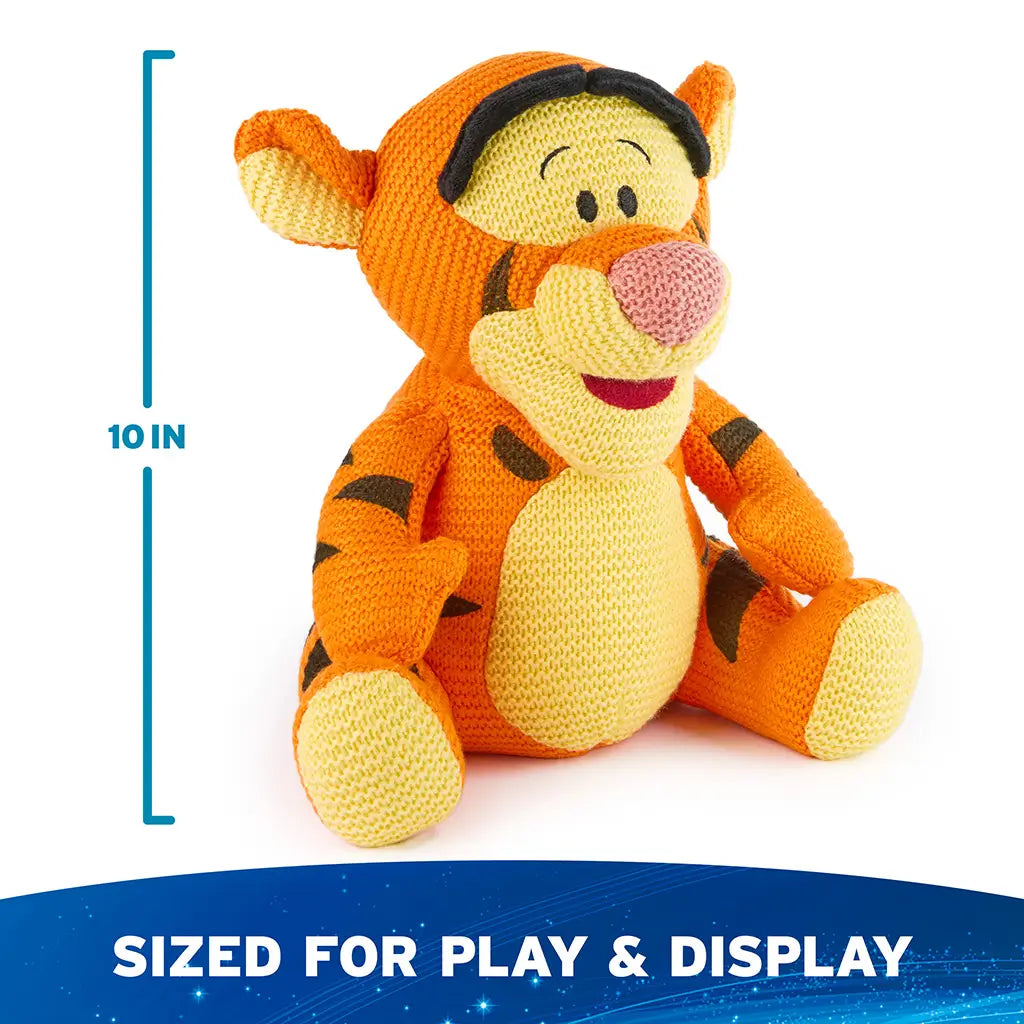 Disney Tigger knit plush includes a 10-inch height measurement, showing compact proportions, lightweight knit build, and seated form sized for play, cuddling, and shelf display.