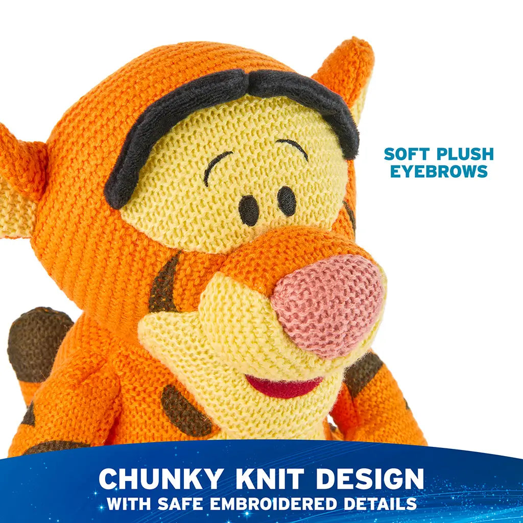 Disney Tigger knit plush highlights chunky knit construction with bold orange and brown stripes, soft plush eyebrows, and embroidered facial features that create a handcrafted, baby-safe design.
